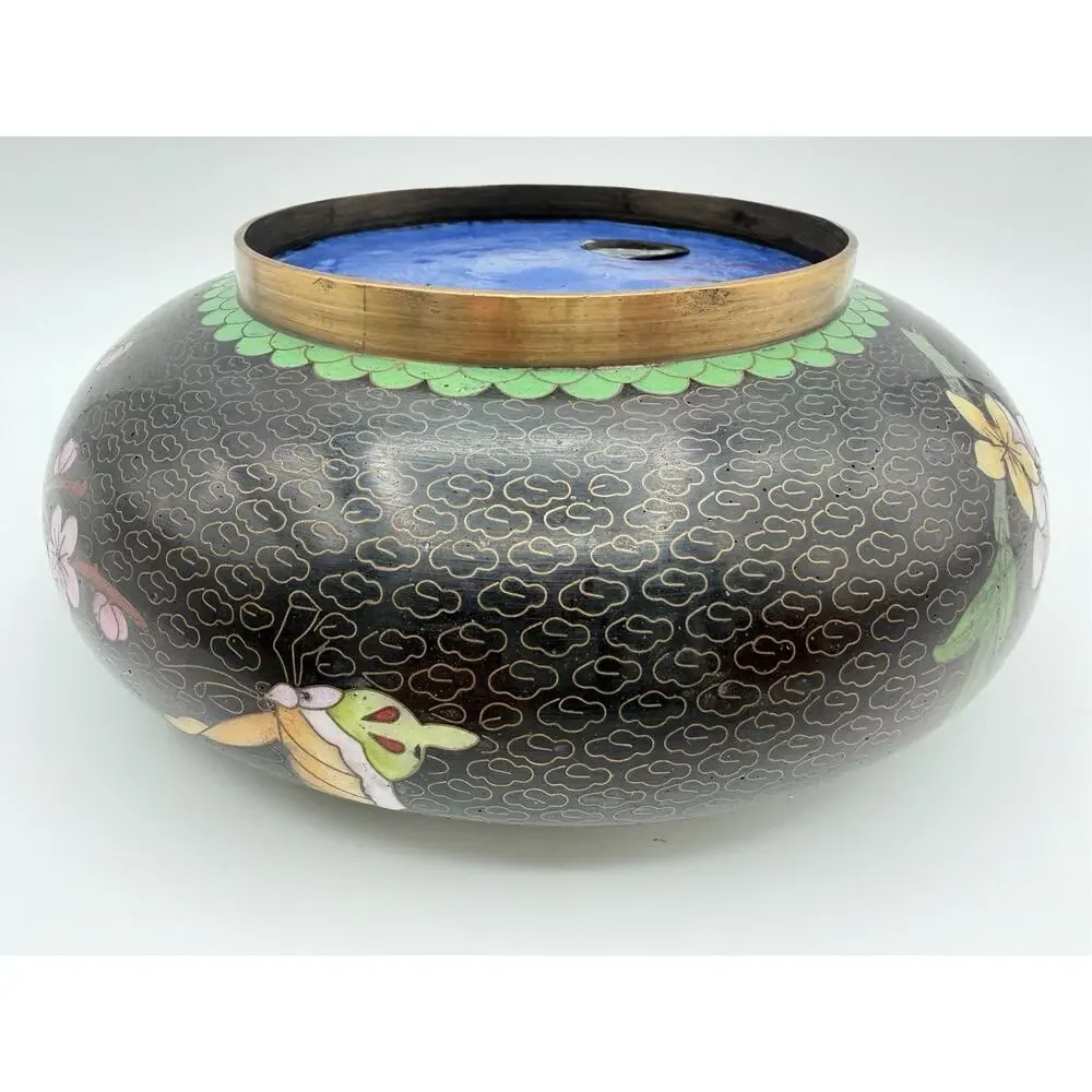 Chinese Cloisonné Lidded Bowl Hand Painted Enamel Flowers & Butterflies Vintage